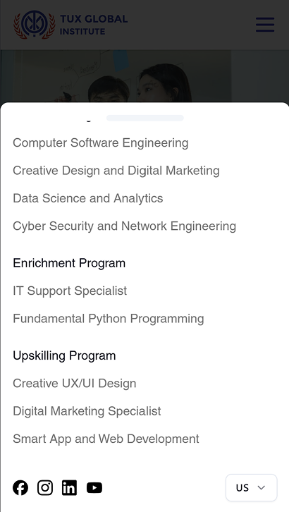 TUX Global Institute website on mobile screen size